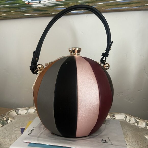The Unbranded Brand Handbags - Vegan Leather Spherical Shoulder Bag With Colorful Stripes And Top Handle